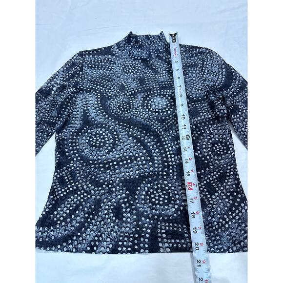 ST. John Women Small Blue Mock Neck Sheer Mesh Abstract Artsy Long Sleeve Blouse - Picture 5 of 6